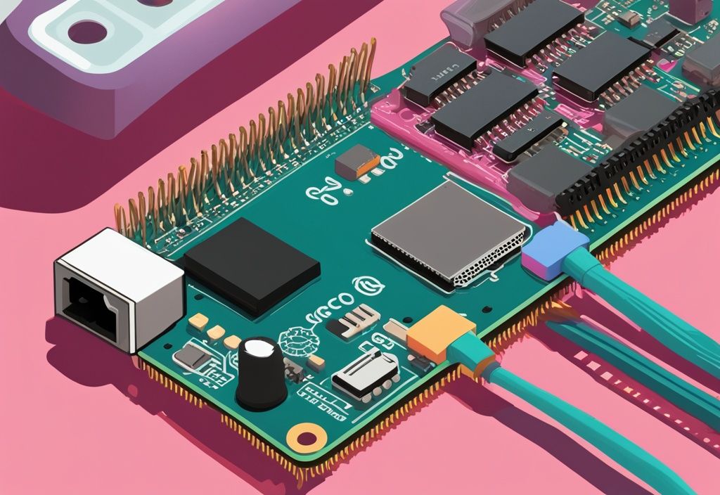 Nahaufnahme eines Raspberry Pi Pico, verbunden mit einem Breadboard, umgeben von elektronischen Bauteilen und Kabeln, in einem modernen digitalen Gemälde mit der Hauptfarbe Teal.