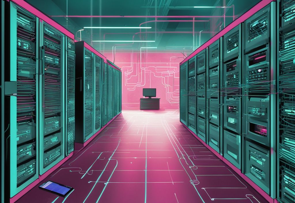 Moderne digitale Illustration in Türkis: Raspberry Pi mit Netzwerkkabel, umgeben von Server-Racks, Codezeilen auf Computerbildschirm im Hintergrund.