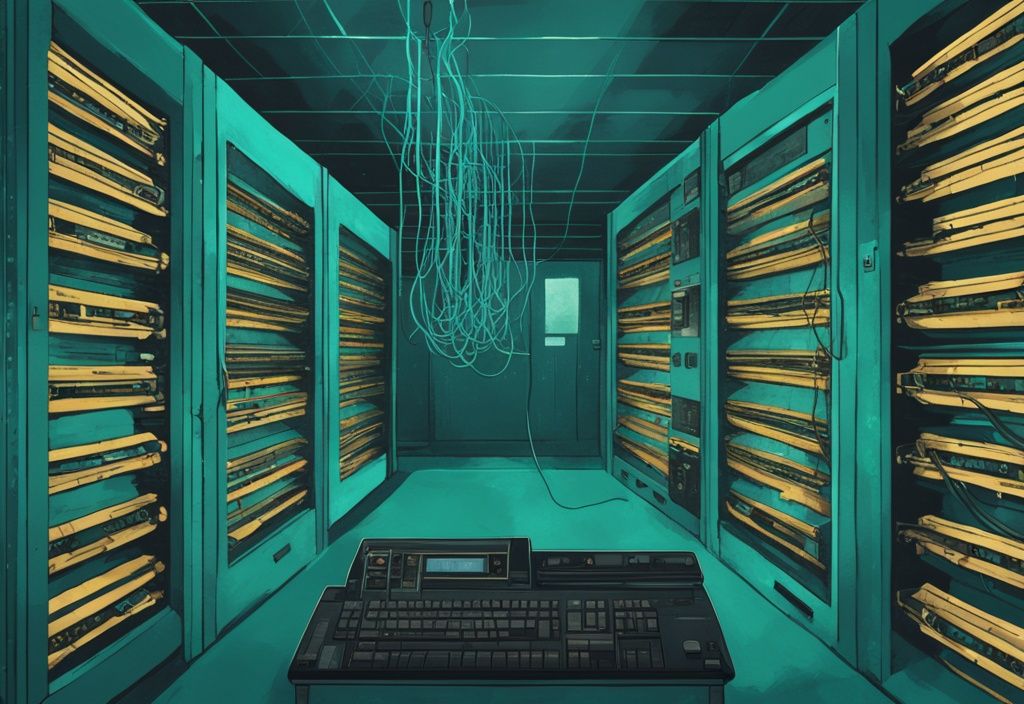 Moderne digitale Malerei mit Teal-Farbschema zeigt einen Vintage-Mainframe-Computer in einem alten, schwach beleuchteten Serverraum mit Schränken und Kabeln.