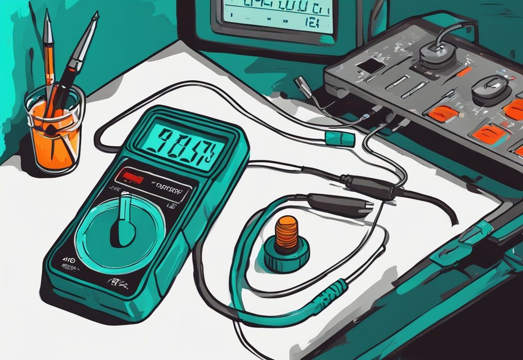 Moderne digitale Malerei mit einem digitalen Multimeter, das eine Widerstandsmessung in Ohm umrechnen zeigt, Hauptfarbe Teal.