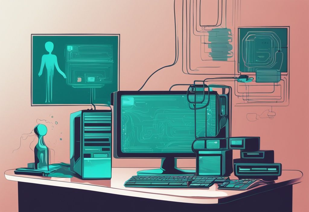 Moderne digitale Illustration eines Computers, der eine DHCP-Anfrage an einen Server sendet, mit Hauptfarbthema in Türkis.