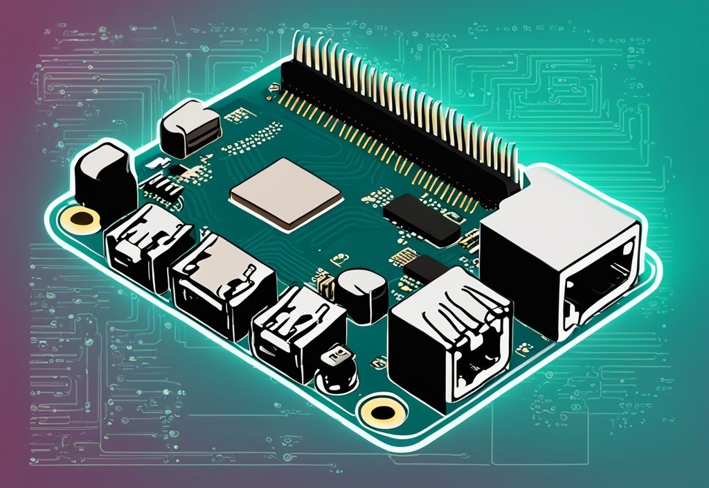 Moderne digitale Illustration eines Raspberry Pi 4 mit beschrifteten Komponenten und Bildschirm mit Code, Hauptfarbe Teal.