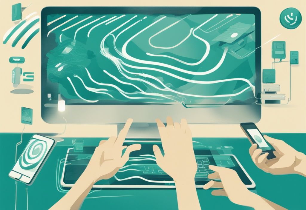 Moderne digitale Illustration in Teal mit Infografik von Smartphones, Laptops und Routern, die drahtlose Signale und das Konzept von CSMA/CA zeigen.