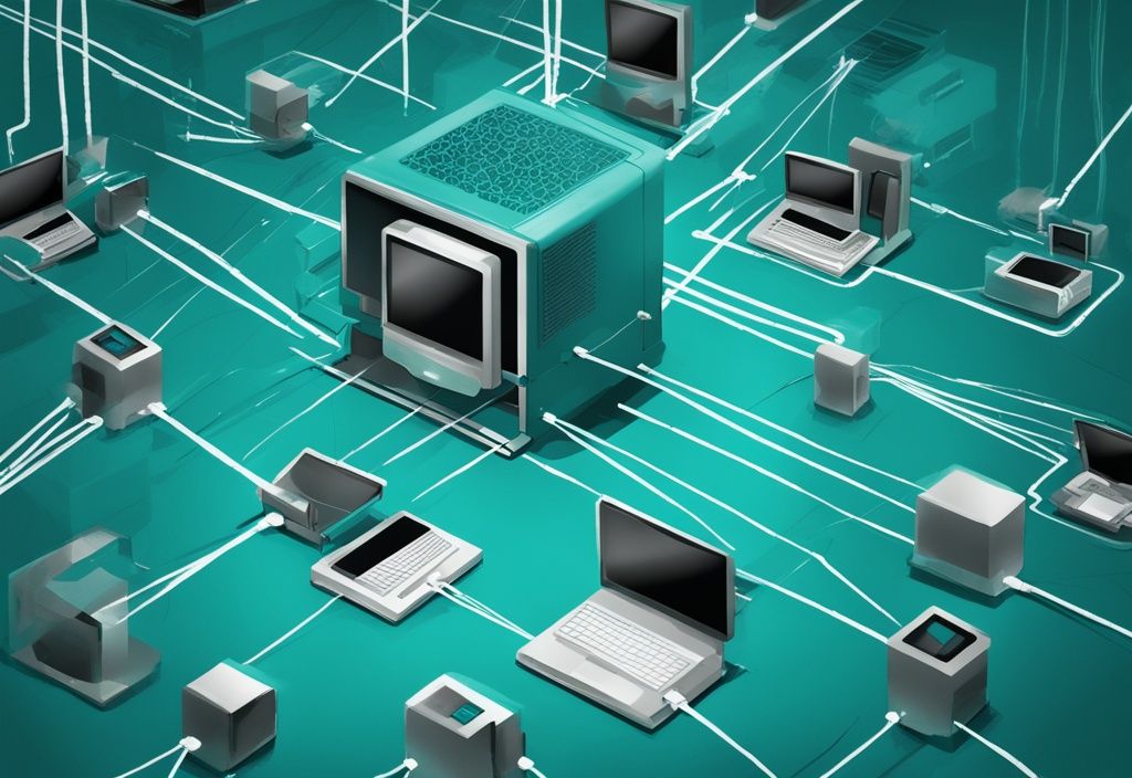 Moderne digitale Malerei mit Nahaufnahme eines Computernetzwerks, in dem Ethernet-Frames als Pakete zwischen Geräten übertragen werden, Hauptfarbe Teal.