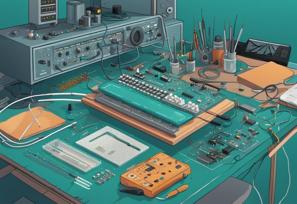 Moderne digitale Illustration in Teal mit grundlegenden Elektronikkomponenten wie Widerständen, Kondensatoren, Dioden und einem Steckbrett auf einem Arbeitstisch, einem Lötkolben und Multimeter am Rand und einer einfachen Schaltung in der Mitte des Setups, elektronik grundlagen.