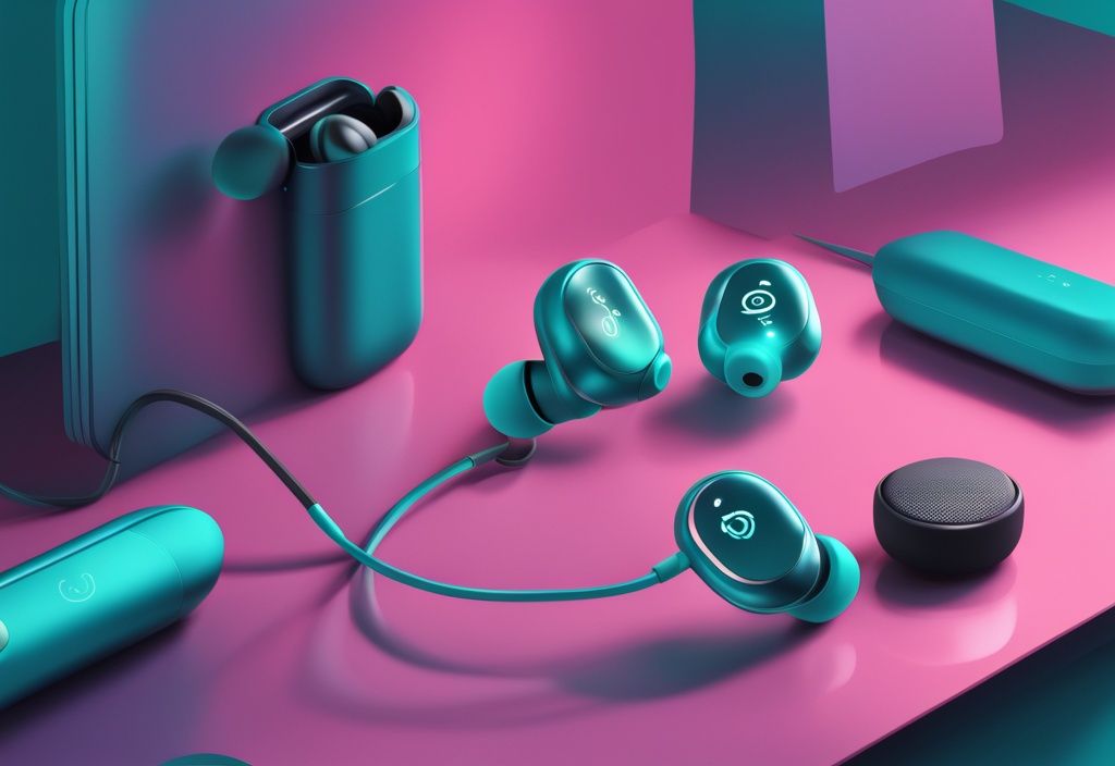 Moderne digitale Malerei mit kabellosen Bluetooth 5.0 Ohrhörern in Teal-Farben