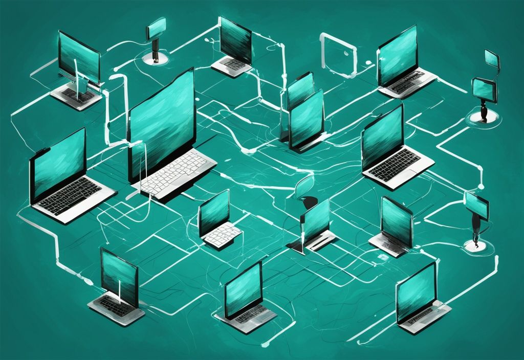 Moderne digitale Malerei, Netzwerk mit mehreren Geräten, Datenübertragung, ein Gerät vermeidet Datenkollision, Hauptfarbe Teal.