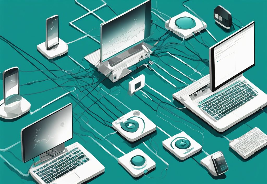 Moderne digitale Illustration eines Netzwerks mit mehreren Geräten in Teal, zeigt Datenübertragung und betont ein Gerät, das Kollisionen in der Datenkommunikation vermeidet.