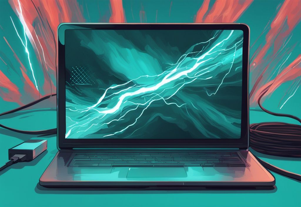 Moderne digitale Illustration mit Teal-Farbschema: USB 2.0 Kabel verbindet Laptop und externe Festplatte, mit dynamischem, blitzartigem Datenstrom zur Darstellung von USB 2.0 Geschwindigkeit.