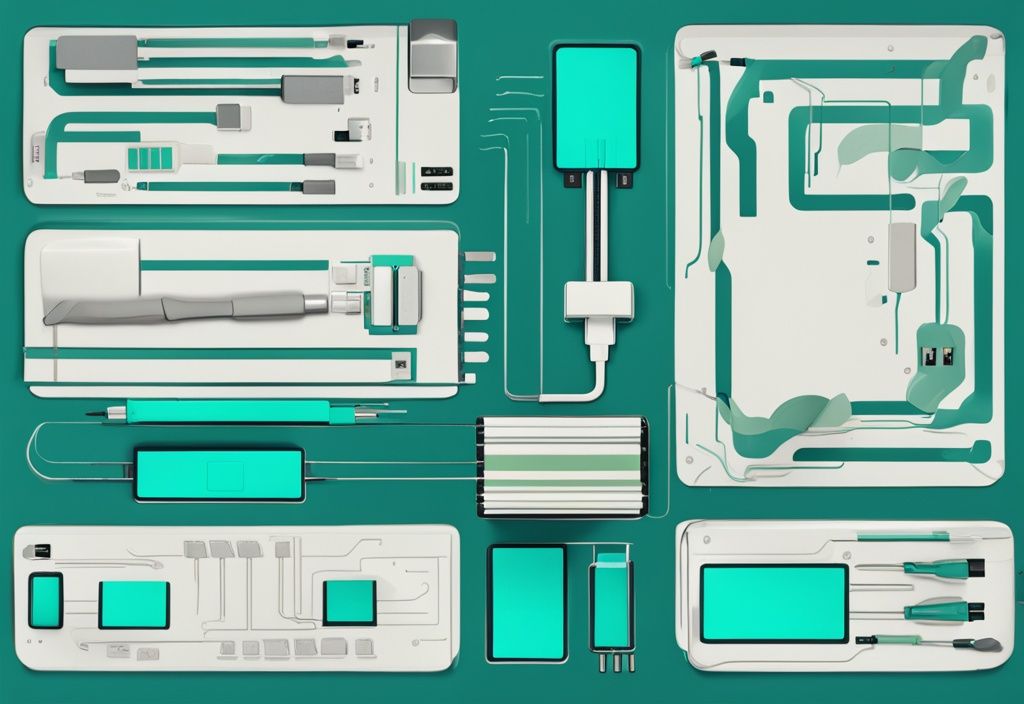 Moderne digitale Illustration in Teal mit detailliertem Diagramm der USB C Belegung, farbcodierten Linien und Beschriftungen der Pins und Funktionen.