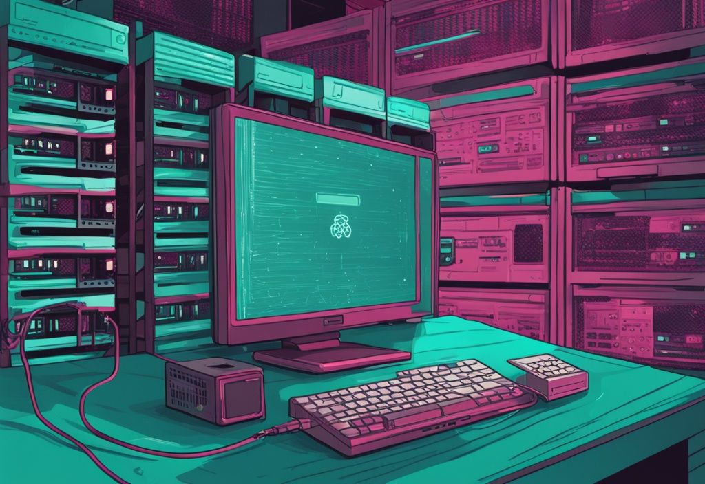 Moderne digitale Illustration in Teal-Tönen: Raspberry Pi mit Netzwerkkabel, umgeben von Server-Racks, mit Codezeilen auf einem Bildschirm im Hintergrund.