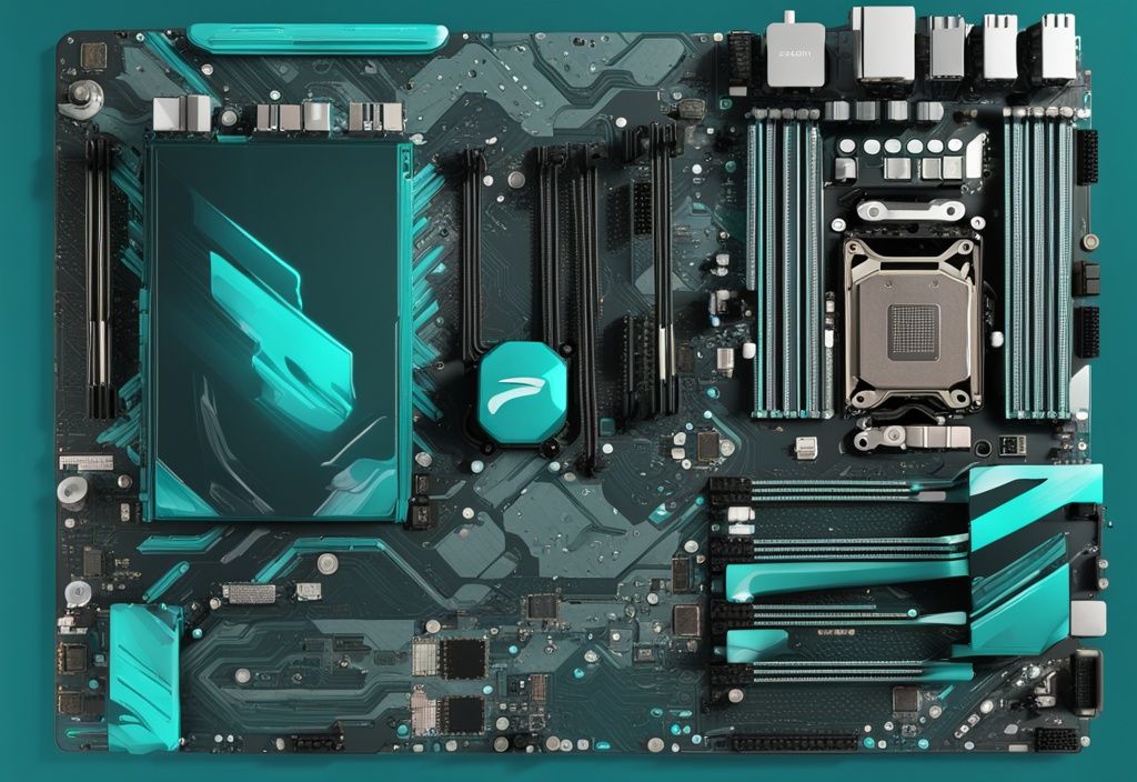 Moderne digitale Illustration, Hauptfarbe Türkis, Draufsicht auf detailliertes und beschriftetes Motherboard-Layout mit RAM-Steckplätzen, CPU-Sockel, PCI-Steckplätzen und verschiedenen Anschlüssen