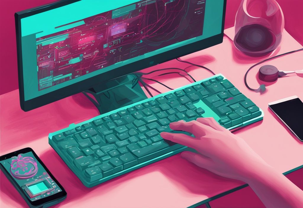 Moderne digitale Illustration eines Raspberry Pi Anfänger-Setups mit Hardwarekomponenten, Monitor mit Code und Hand, die Enter auf der Tastatur drückt, in der Hauptfarbe Teal.