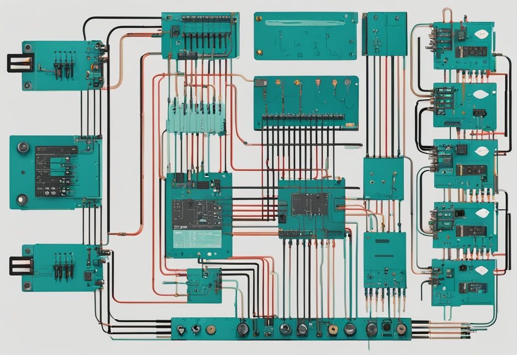 Moderne digitale Malerei-Illustration mit teal Farbthema, detailliertes Diagramm eines Relais-Schaltkreises mit klar beschrifteten Komponenten