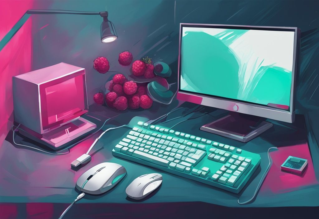 Moderne digitale Illustration in Teal, die einen Raspberry Pi zeigt, verbunden mit Monitor, Tastatur und Maus, was die ersten Schritte der Nutzung darstellt (raspberry pi erste schritte).