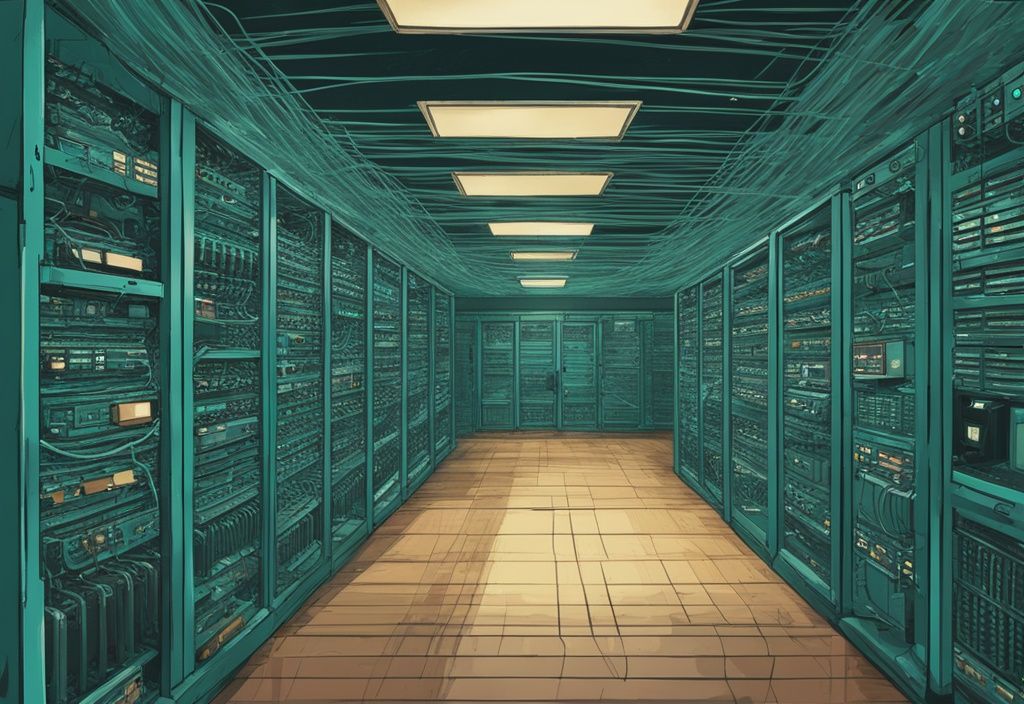 Moderne digitale Malerei mit Teal-Farbschema, zeigt einen vintage Mainframe-Computer in einem alten, schwach beleuchteten Serverraum mit Reihen von Schränken und verworrenen Kabeln.