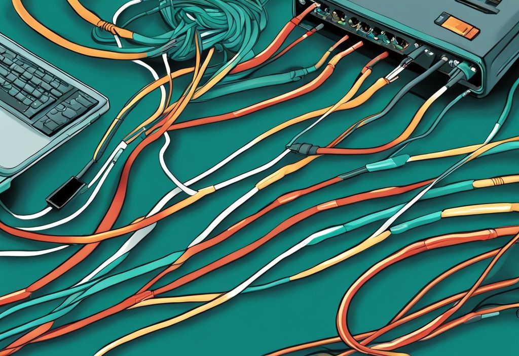 Moderne digitale Malerei mit tealfarbener Hauptthematik, bunte Ethernet-Kabel, die an ein Modem angeschlossen sind, symbolisieren ein gut vernetztes Netzwerk, ieee 802.3.