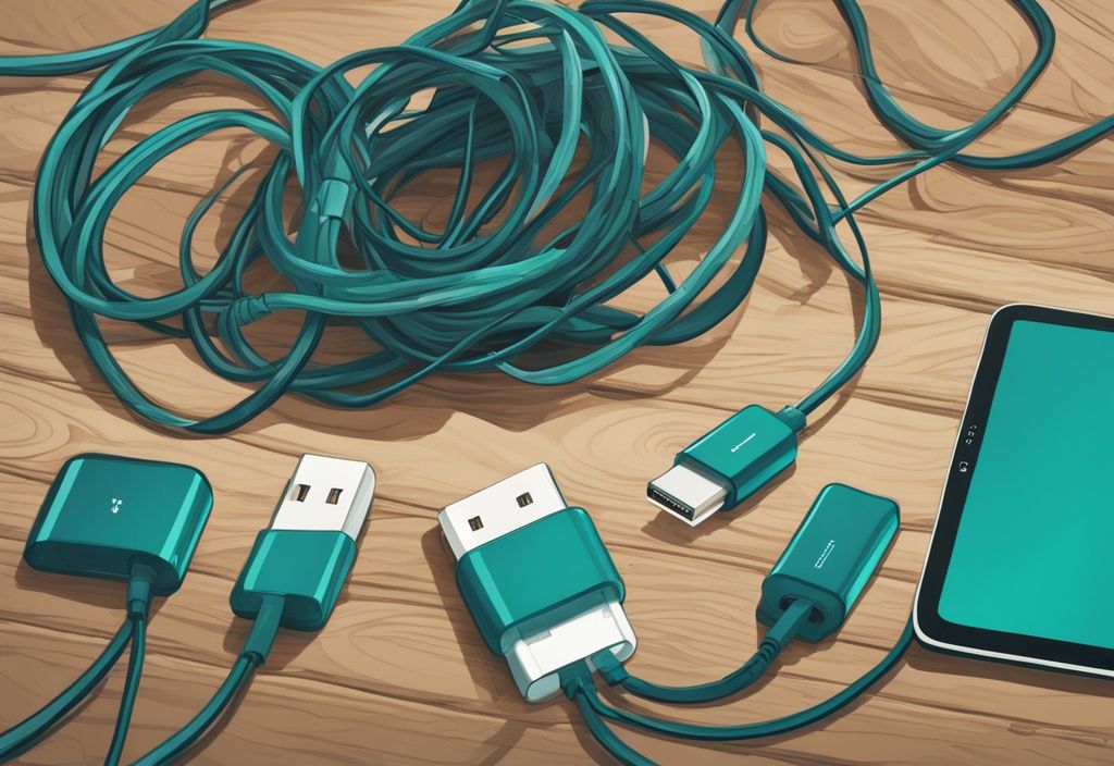 Moderner digitaler Malerei-Illustration mit USB-Kabeln und Netzadaptern auf einem Holztisch, die Vielfalt der Geräte, die USB-Strom benötigen, darstellend.