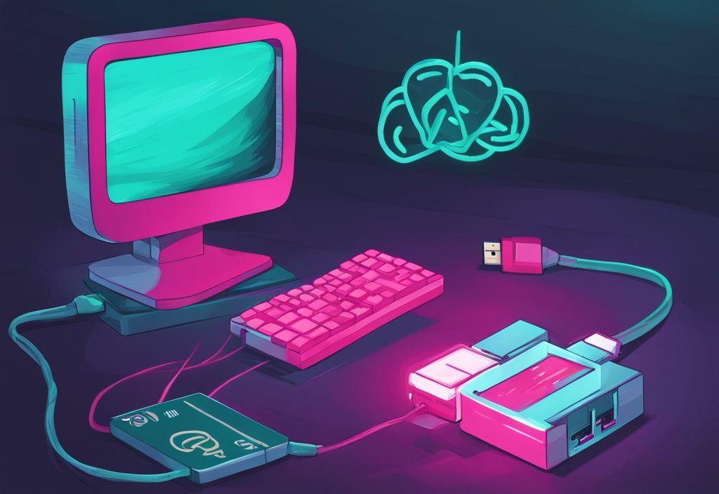 Moderne digitale Malerei mit Hauptfarbe Teal, zeigt ein Raspberry Pi Gerät, das an einen USB-Stick angeschlossen ist, mit einem leuchtenden Ladesymbol, das den Bootvorgang anzeigt.