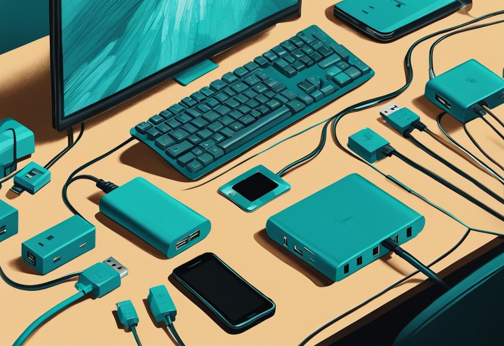 Ein moderner digitaler Gemäldeillustration mit einem Haufen verschiedener USB-Kabel und Netzadapter auf einem Holztisch, der die Vielfalt der Geräte zeigt, die auf USB-Strom angewiesen sind.