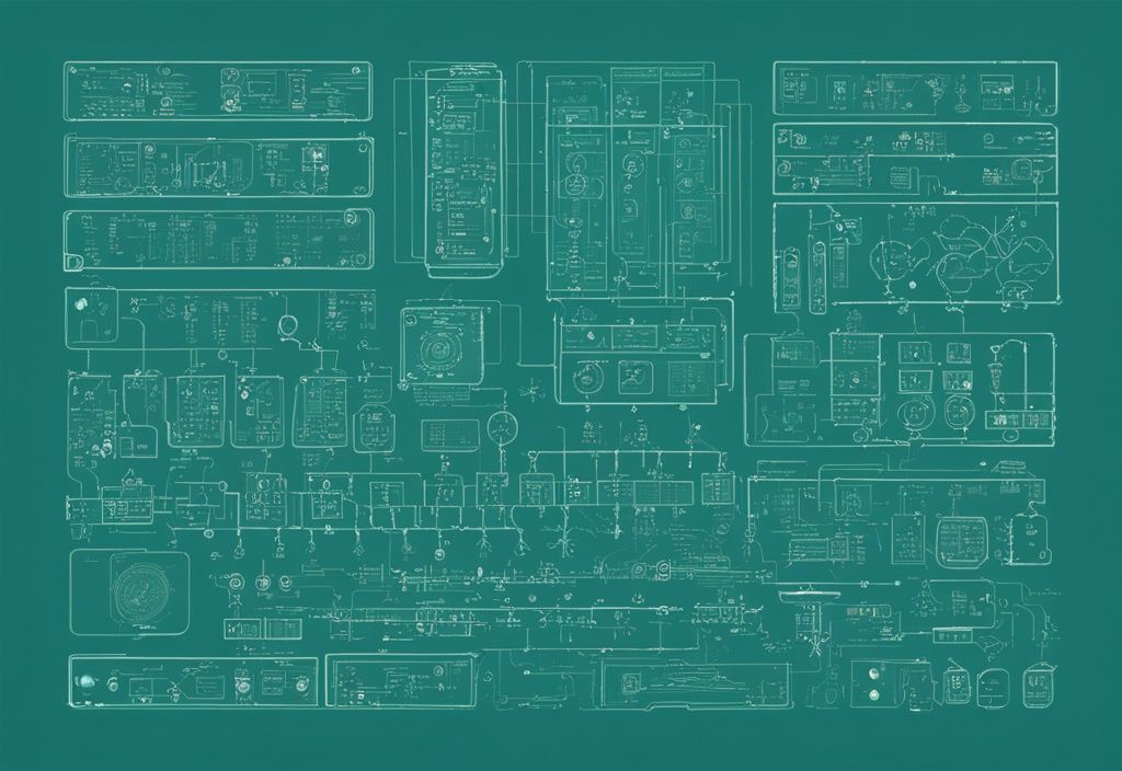 Moderne digitale Malerei mit Hauptfarbe Türkis, zeigt eine Sammlung von schaltplan symbole, ordentlich angeordnet und beschriftet zur besseren Verständlichkeit.