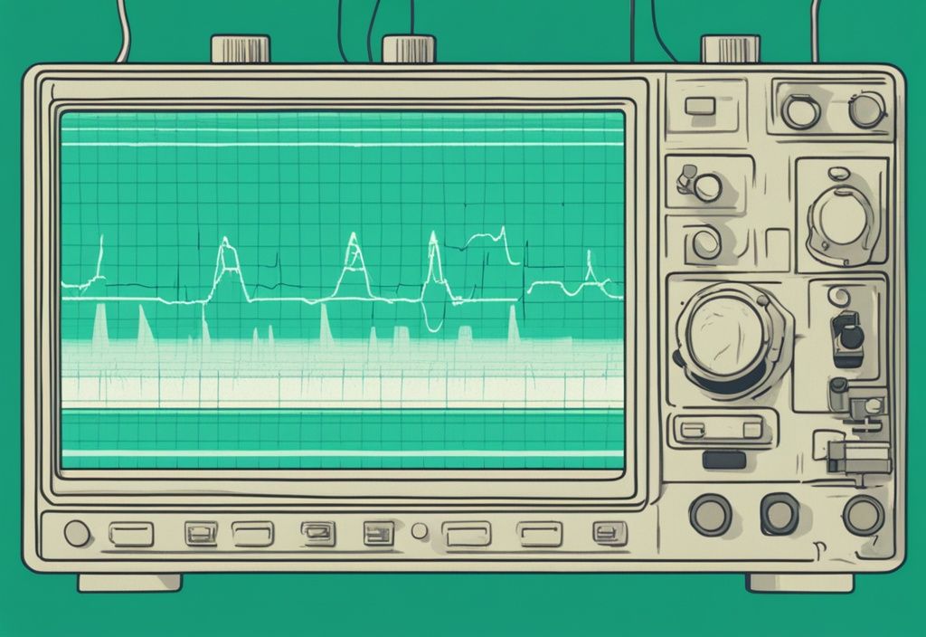 Moderne digitale Malerei mit Teal-Farbschema, Oszilloskop zeigt grafische Darstellung der RMS-Wechselspannung mit markierten Spitzen und Knotenpunkten