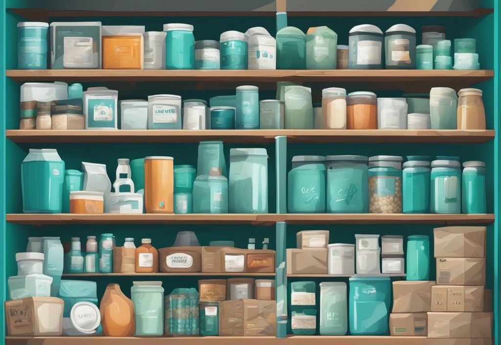 Moderne digitale Malerei-Illustration in Teal-Tönen, die eine Vielzahl von Produkten wie Getreide, Konserven, Toilettenpapier und Seife in großen Mengen in einem ordentlich organisierten Lager zeigt; was ist bulk