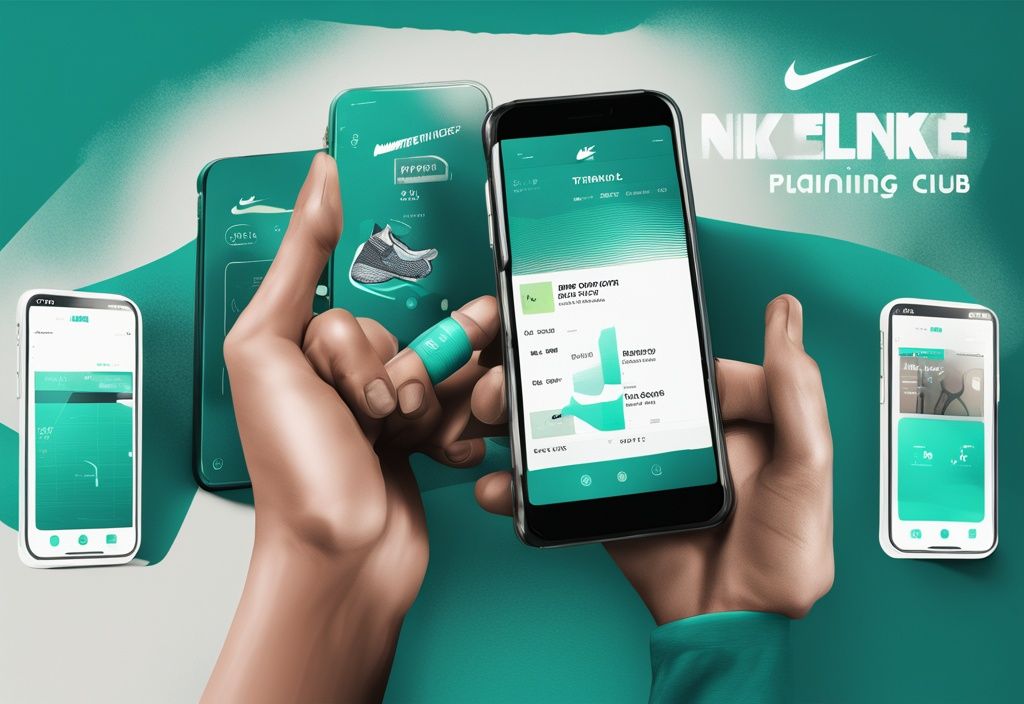 Moderne digitale Illustration in Teal mit einem Smartphone, das das Logo und die Fitnesspläne der Nike Training Club (NTC) App zeigt.