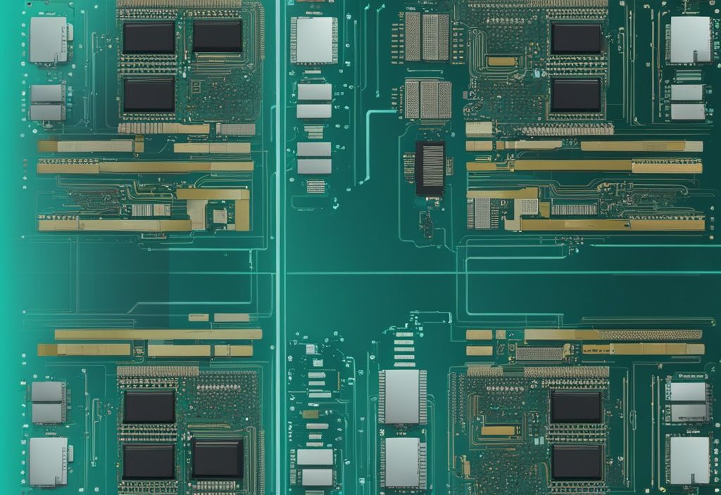 Moderne digitale Malerei mit Hauptfarbe Teal, die die unterschiedlichen Architekturen von RISC- und CISC-Prozessoren im Vergleich zeigt, mit hervorgehobenen Unterschieden und Gemeinsamkeiten. Keyword: RISC CISC.