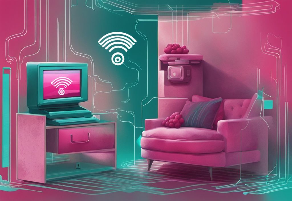 Moderne digitale Illustration eines Raspberry Pi Geräts mit WLAN-Signal in Teal-Farben, das seine Funktion als Zugangspunkt anzeigt.