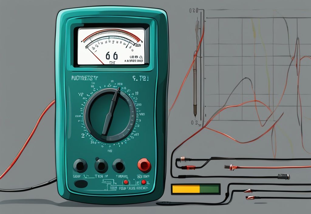 Moderne digitale Malerei mit einem digitalen Multimeter auf Ohm eingestellt und einer Diagrammtafel mit Umrechnungsfaktoren für verschiedene Widerstandseinheiten in Teal-Farbschema