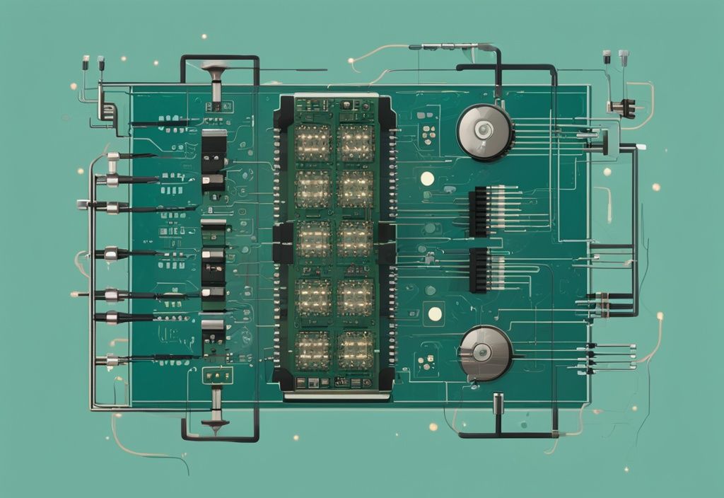 Modernes digitales Gemälde einer detaillierten schematischen Darstellung einer Open-Collector-Konfiguration in einer Transistorschaltung, Hauptfarbe Teal.