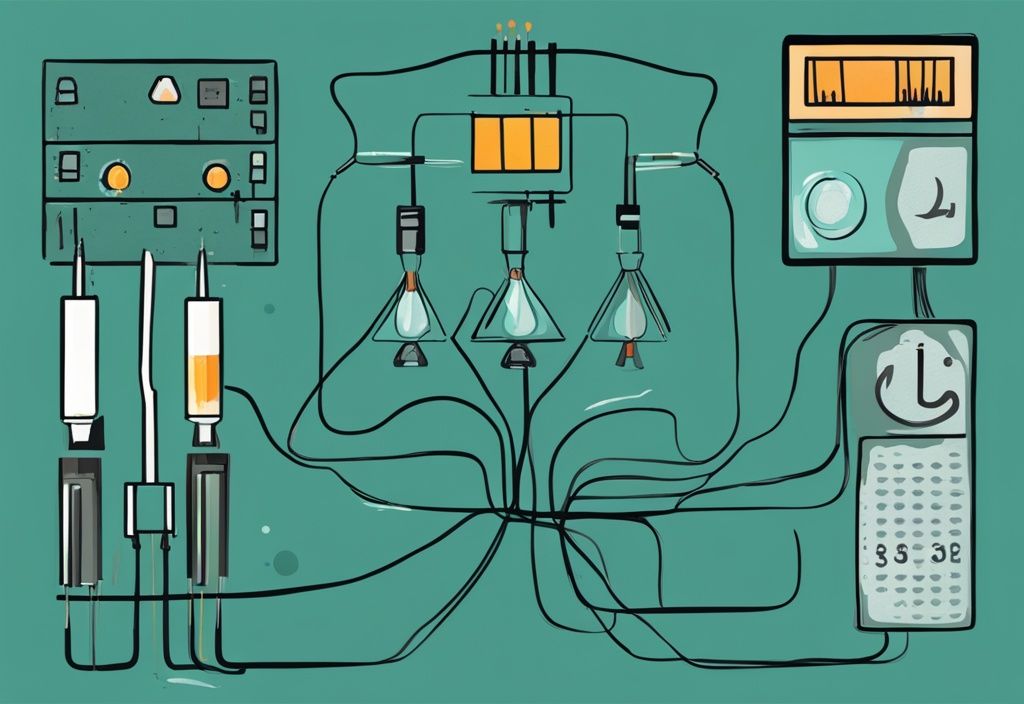 Moderne digitale Illustration in Teal, die das Ohmsche Gesetz zeigt, mit einem Diagramm eines Batterie, Widerstands und Verbindungskabeln, markiert mit den Symbolen für Spannung (V), Strom (I) und Widerstand (R).