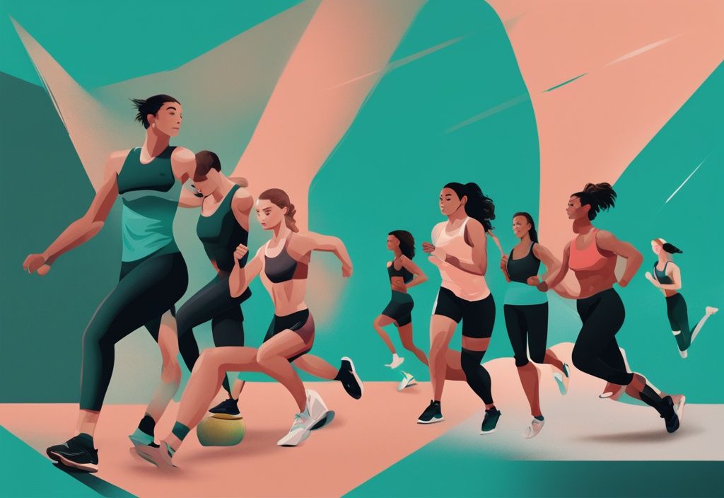 Moderne digitale Malerei mit Athleten, die Übungen aus der NTC (Nike Training Club) App auf einem großen Bildschirm im Vordergrund folgen, Hauptfarbe Teal.