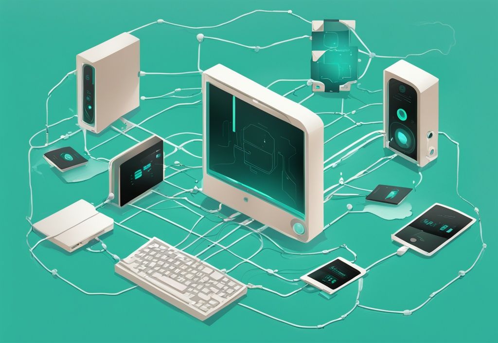 Moderne digitale Malerei mit Teal-Farbschema, die ein Netzwerk verbundener Geräte zeigt, wobei ein zentrales Gerät das MQTT Protokoll-Symbol hervorhebt.