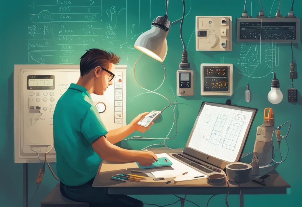 Moderner digitaler Malerei-Illustration eines Elektrikers, der Berechnungen mit mathematischen Symbolen, einer Glühbirne und einem Wattmeter auf einem Tisch durchführt, um Watt zu berechnen.