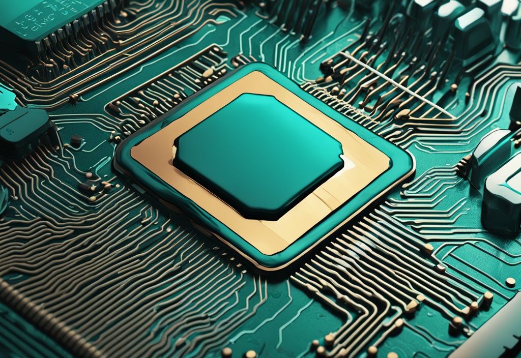 Detailaufnahme der CPU-Schaltung mit Fokus auf L1-Cache, moderne digitale Illustration in Teal.