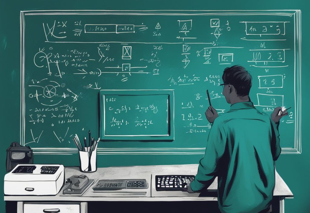 Moderne digitale Illustration einer Person, die auf eine Tafel mit mathematischen Formeln und Skizzen von Elektrogeräten zeigt, symbolisiert die Berechnung von Wattzahlen, Hauptfarbe teal.