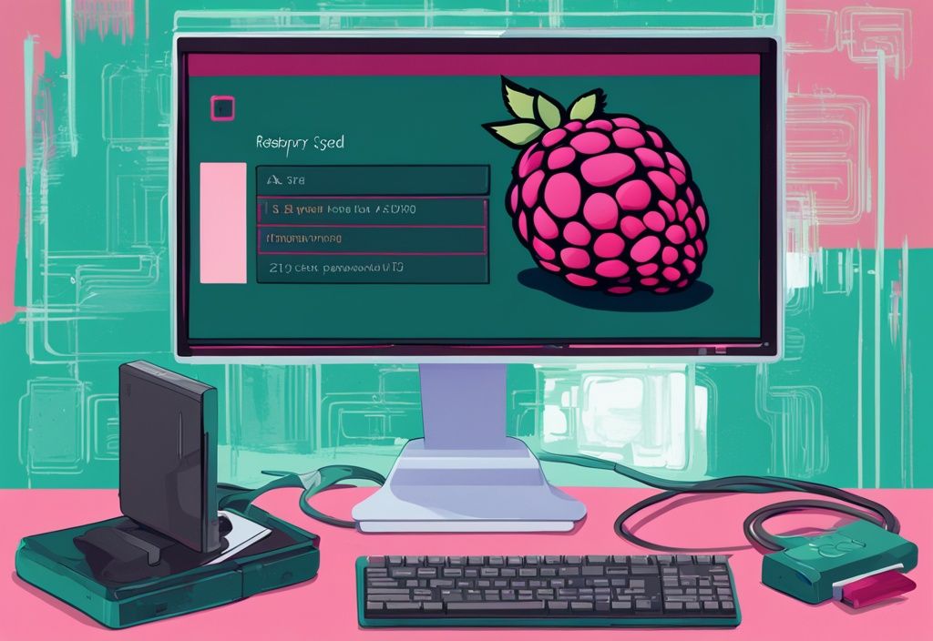 Moderne digitale Malerei mit Hauptfarbe Teal, zeigt ein Raspberry Pi Gerät mit einem Bildschirm im Hintergrund, der ein Passwortänderungsdialogfeld anzeigt.