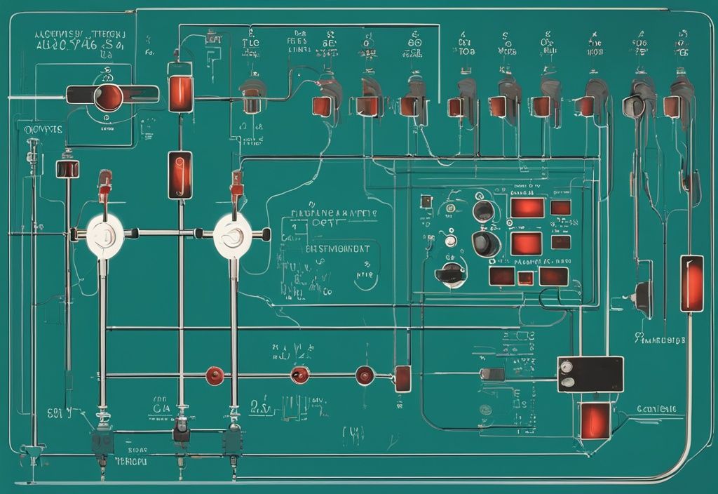 Moderne digitale Malerei mit Schmitt-Trigger-Schaltplan, detailliert beschriftet mit Hystereseschleife und Ein-/Ausgangsspannungspegeln, Hauptfarbthema ist Türkis