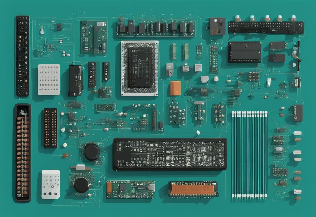 Moderne digitale Malerei mit elektronischen Bauteilen wie Widerständen, Kondensatoren, Transistoren und Steckbrett, begleitet von einem einfachen Schaltplan, Hauptfarbe Teal