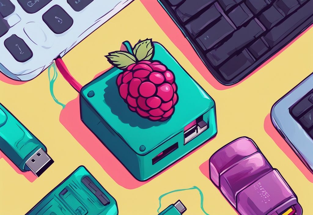 Moderne digitale Malerei mit Hauptfarbthema Türkis, zeigt einen Raspberry Pi, der an einen farbenfrohen USB-Stick angeschlossen ist, symbolisiert den Raspberry Pi Boot von USB.