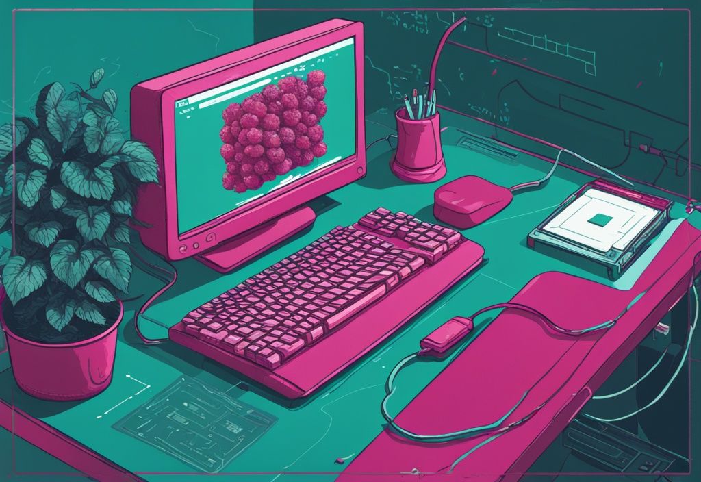 Moderne digitale Illustration in Teal-Farbtönen mit einem Raspberry Pi 4 Gerät neben einem Computerbildschirm, der Codezeilen zur Installation eines Betriebssystems anzeigt.