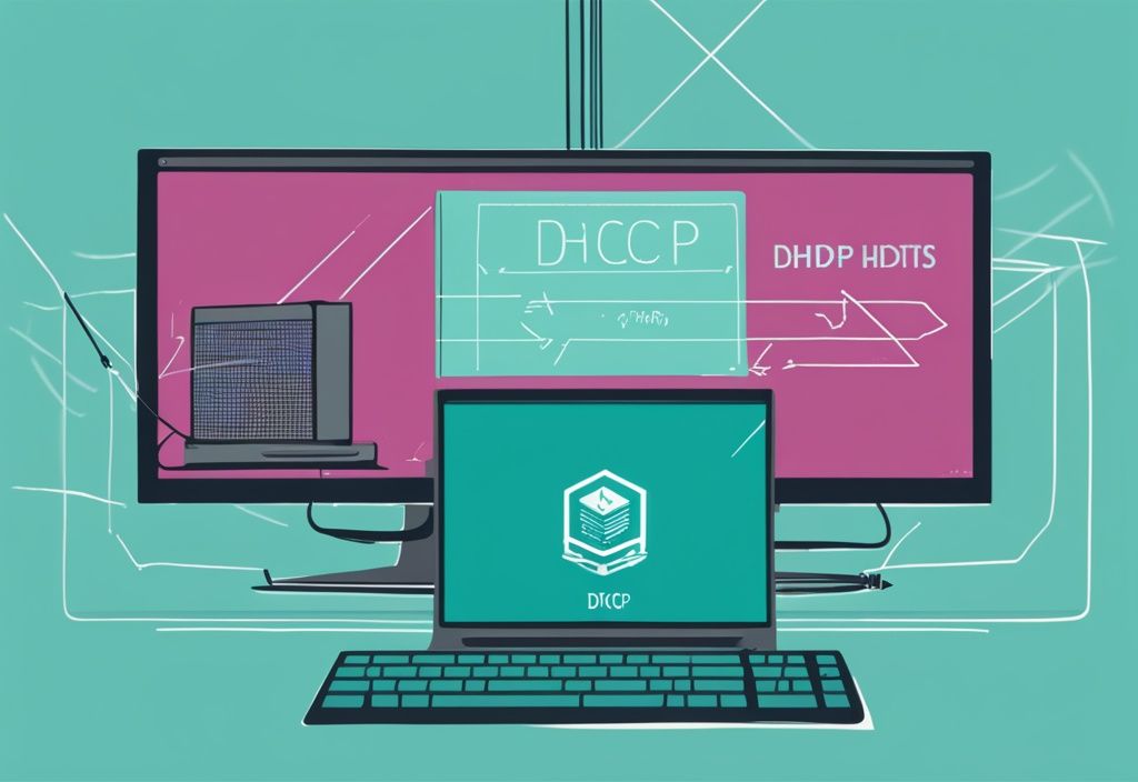 Moderne digitale Illustration in Türkis: Computer sendet DHCP-Anfrage an Router, dargestellt durch zwei Geräte und Pfeile mit der Aufschrift "DHCP Request".