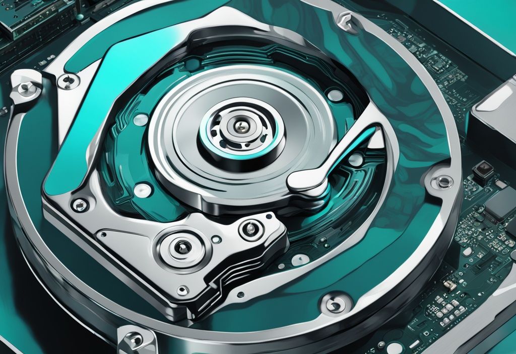 Moderne digitale Malerei in Teal, die den hdd Aufbau eines offenen Festplattenlaufwerks mit kreisförmigen Platten und beweglichem Arm zeigt.