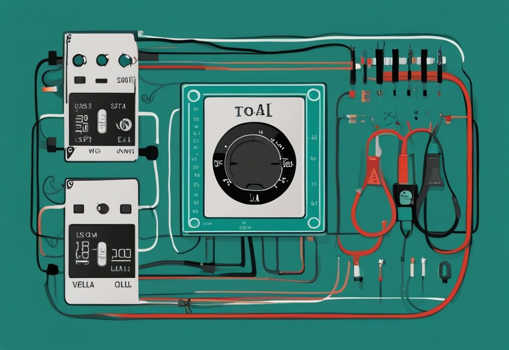 Moderne digitale Malerei-Illustration eines einfachen Stromkreises mit Batterie, Widerstand und Multimeter, das Spannung, Strom und Widerstand gemäß Ohmschem Gesetz anzeigt, in der Hauptfarbe Türkis.