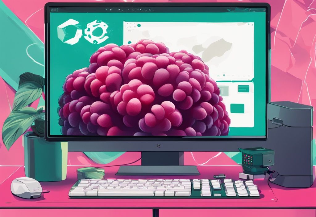 Moderne digitale Illustration in Teal mit einem Raspberry Pi Board und einem Monitor im Hintergrund, der die Raspberry Pi OS Oberfläche anzeigt.