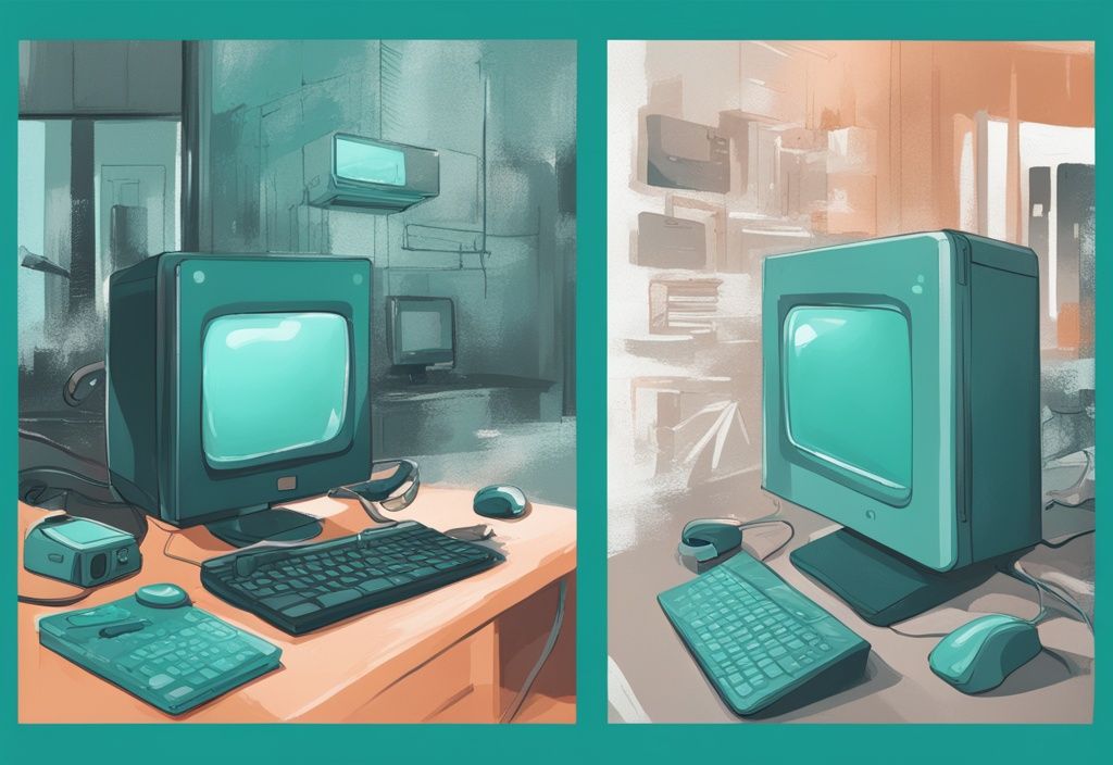 Moderne digitale Illustration mit Teal-Farbschema, die zwei technologische Geräte nebeneinander vergleicht und deren Unterschiede in Funktionen und Spezifikationen hervorhebt; komparator.