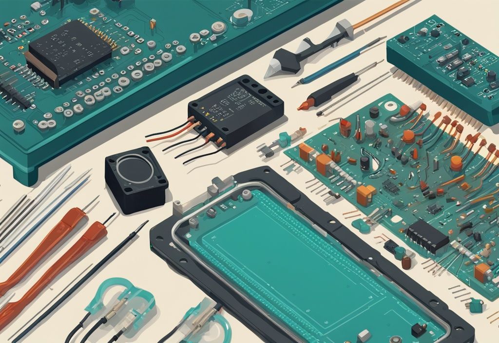 Moderne digitale Malerei mit Elektronik Grundlagen: Widerstände, Kondensatoren, Dioden und ein Steckbrett auf einem Arbeitstisch, mit Lötkolben, Multimeter und einfachem Schaltkreis in der Mitte.