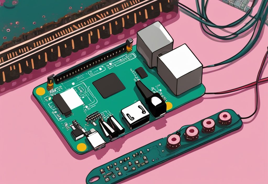 Nahaufnahme eines Raspberry Pi Pico, verbunden mit einem Breadboard, umgeben von elektronischen Bauteilen und Kabeln, moderne digitale Malerei in Teal.